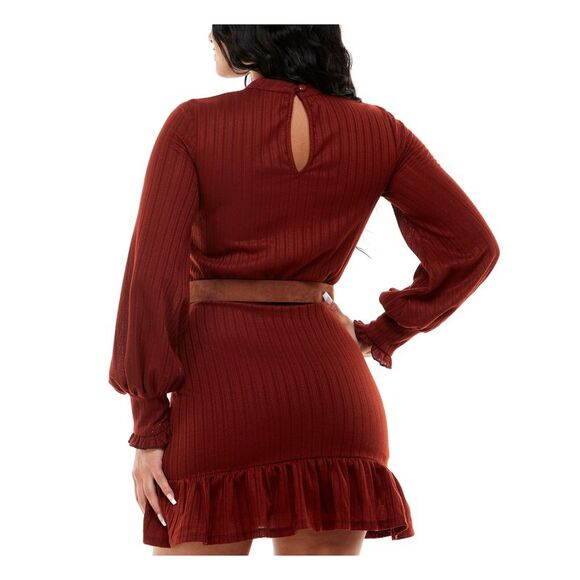 NWT B DARLIN Womens Brown Belted Button Closure Sleeve Short Dress 3\4 - Picture 2 of 5